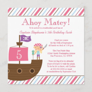 Cute pink girl's pirate birthday party invitation