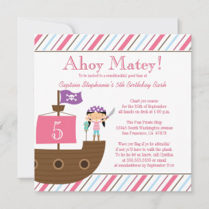 Cute pink girl's pirate birthday party invitation