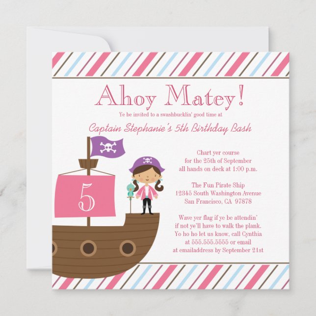 Cute pink girl's pirate birthday party invitation (Front)
