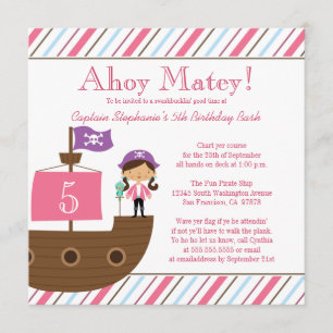 Cute pink girl's pirate birthday party invitation