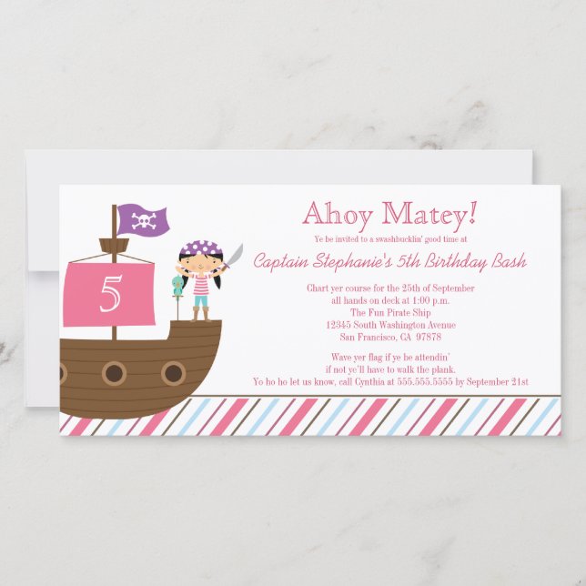 Cute pink girl's pirate birthday party invitation (Front)