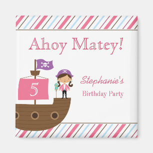 Cute pink girl's pirate birthday party magnets