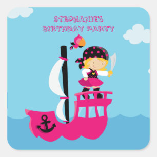Cute pink girl's pirate birthday party stickers