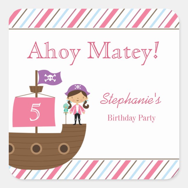 Cute pink girl's pirate birthday party stickers (Front)