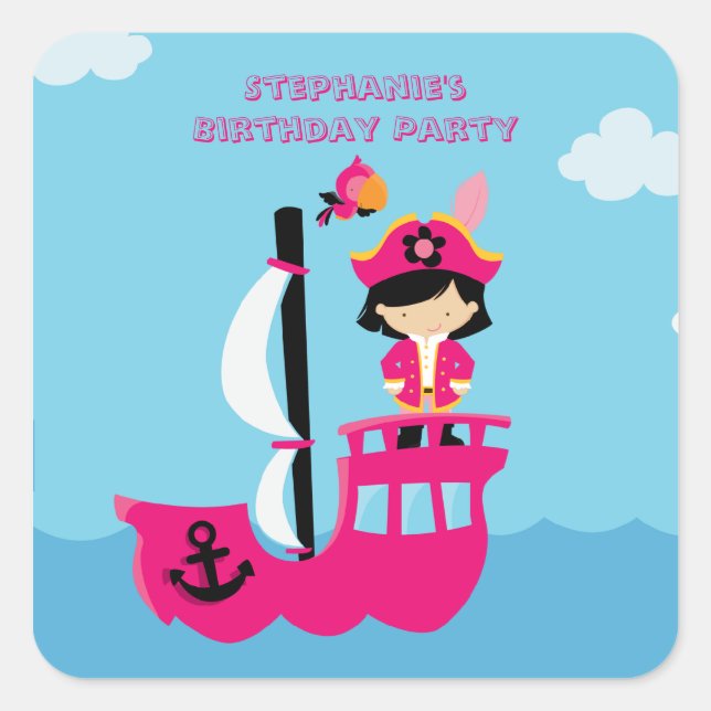 Cute pink girl's pirate birthday party stickers (Front)