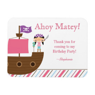 Cute pink girl's pirate birthday party thank you magnet