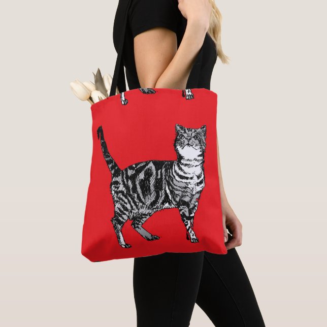 Cute Pink Girls Red Tabby Cat Grocery Tote Bag (Close Up)
