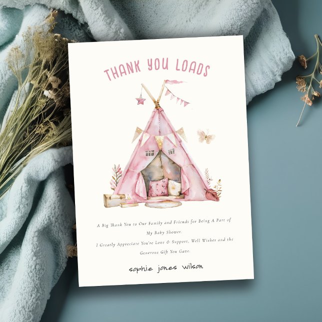 Cute Pink Girls Tent Sleepover Slumber Birthday Thank You Card (Creator Uploaded)