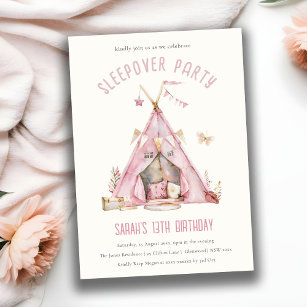 Cute Pink Girls Tent Sleepover Watercolor Birthday Invitation