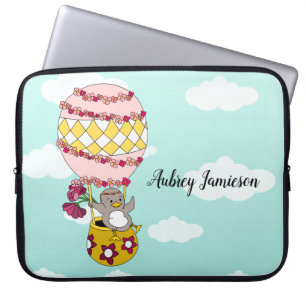 Cute Pink Girly Boho Flower Bird Hot Air Balloon Laptop Sleeve