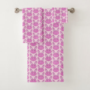 Cute Pink Girly Bunny Face Spring Easter Patterned Bath Towel Set