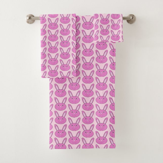 Cute Pink Girly Bunny Face Spring Easter Patterned Bath Towel Set (Insitu)