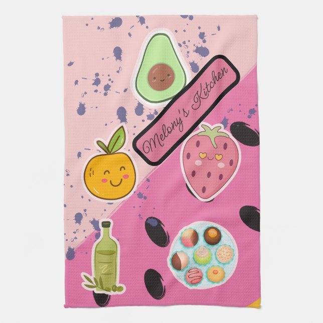 Cute pink girly Fruit and Dessert illustration Tea Towel (Vertical)