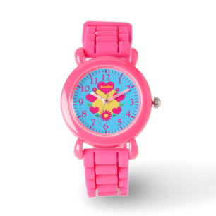 Cute pink girly hearts, and flowers monogram kids watch