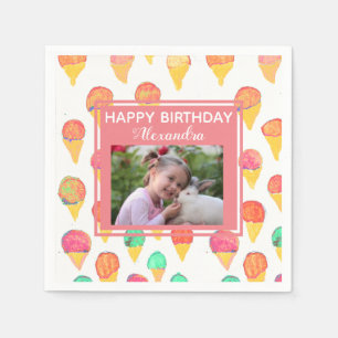 Cute Pink Girly Ice Cream Birthday Party Photo Napkin