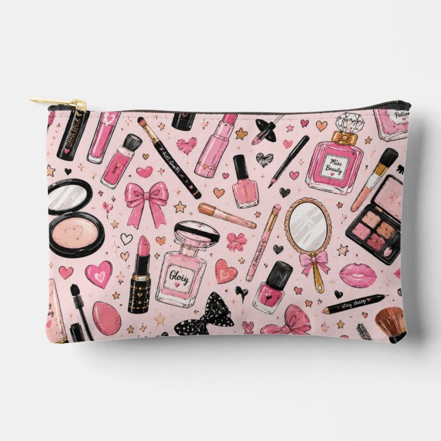 Cute Pink Girly Makeup Doodle Pattern Cosmetic Accessory Pouch (Front)
