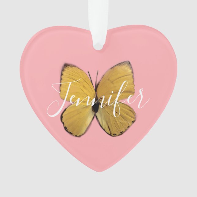Cute Pink Girly Yellow Butterfly Personalised  Ornament (Front)