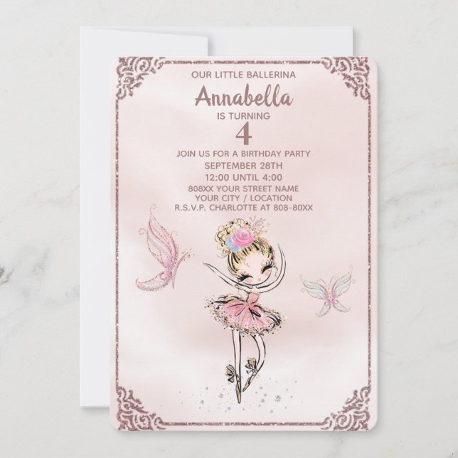 Cute Pink Glitter Ballerina and Butterflies Invita Invitation (Front)