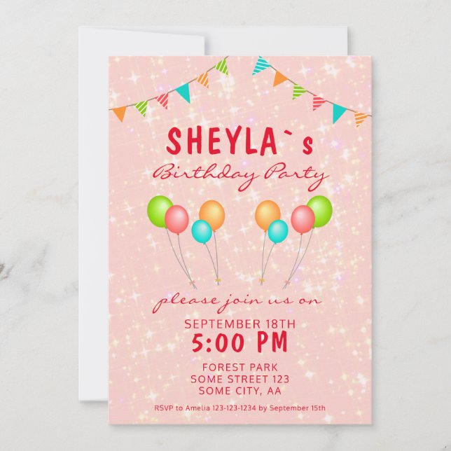 Cute Pink Glitter Balloon Girly Birthday Party Invitation (Front)
