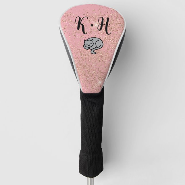 Cute Pink Glitter Cat Monogram  Golf Head Cover (Front)