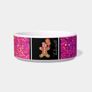 Cute Pink Glitter Gingerbread Girl Customised Dog Bowl