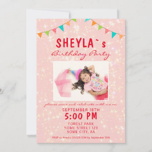 Cute Pink Glitter Girly Birthday Party Photo Invitation