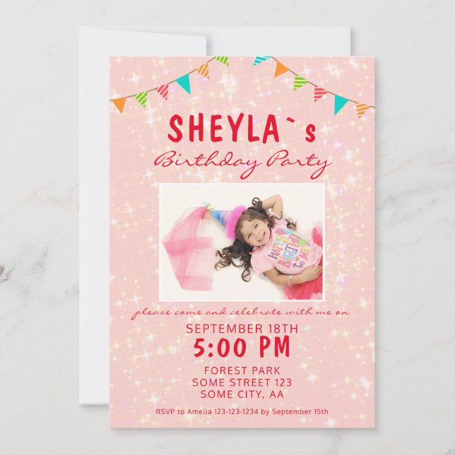 Cute Pink Glitter Girly Birthday Party Photo Invitation (Front)