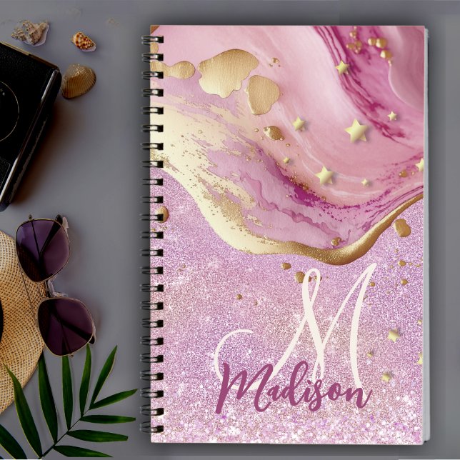 Cute pink glitter gold marble art monogram  notebook (Creator Uploaded)