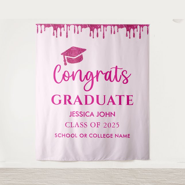Cute Pink Glitter Graduation Photo Booth Backdrop Tapestry (Front)