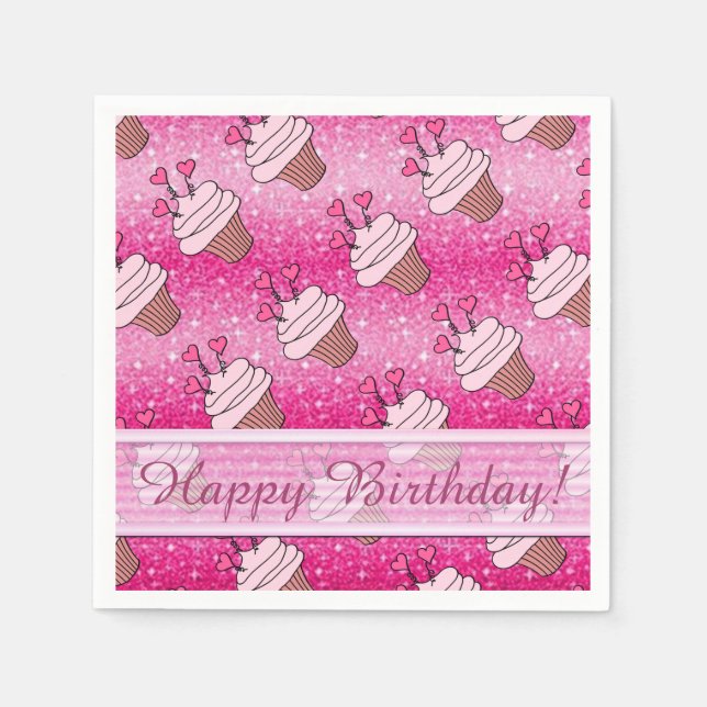 Cute Pink Glitter Heart Cupcakes Birthday Napkins (Front)
