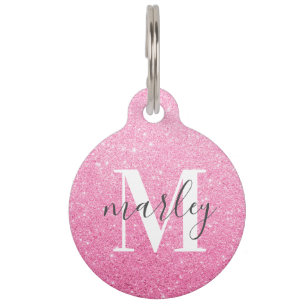 Cute Pink Glitter Monogram Name Pet Tag