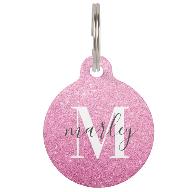 Cute Pink Glitter Monogram Name Pet Tag (Front)