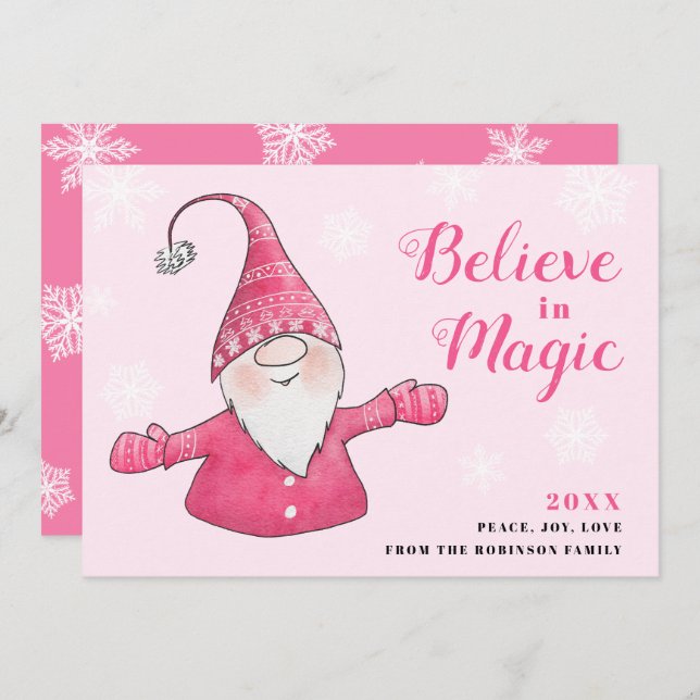 Cute Pink Gnome Believe in Magic Christmas Holiday Card (Front/Back)