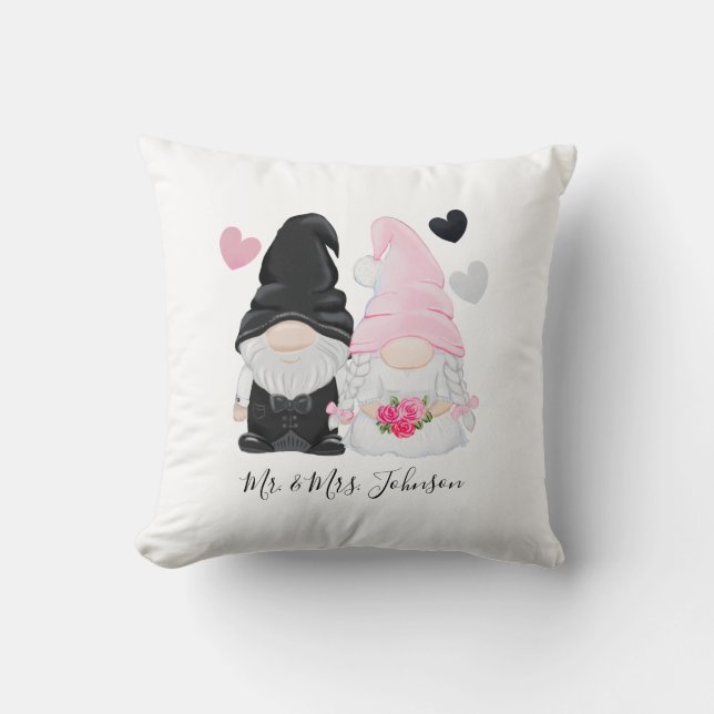 Cute Pink Gnome Bride and Groom Wedding Cushion (Front)