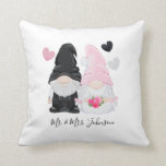 Cute Pink Gnome Bride and Groom Wedding Cushion<br><div class="desc">Cute light pink hat, pink flowers, and heart for the bride gnome. A coordinating black and grey heart to match the groom gnome. Lovely graphics personalised with a modern calligraphy style. If you'd like to add an established or anniversary date text line, there are other fonts in the Blooming Elegant...</div>