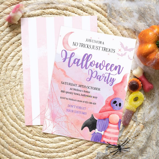 Cute pink gnome watercolor kids halloween party invitation (Creator Uploaded)