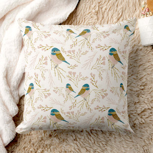 Cute Pink Gold Chickadee Bird Floral Hearts Print Cushion
