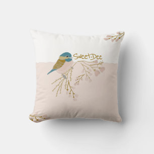 Cute Pink Gold Chickadee Bird Floral Hearts Print Cushion