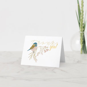 Cute Pink Gold Chickadee Bird Floral Hearts Print  Thank You Card