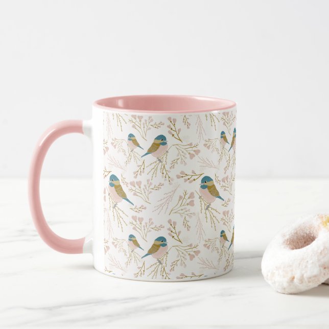 Cute Pink Gold Chickadee Hearts Floral Print Mug (With Donut)