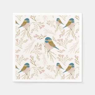 Cute Pink Gold Chickadee Hearts Floral Print Napkin