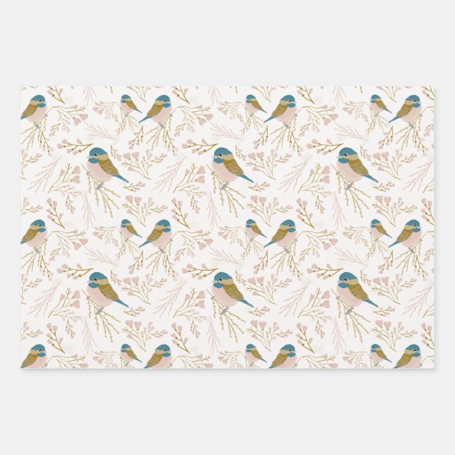 Cute Pink Gold Chickadee Hearts Floral Print Wrapping Paper Sheet (Front)