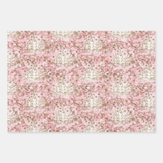Cute Pink/Gold Christmas Pattern Wrapping Paper Sheet (Front)