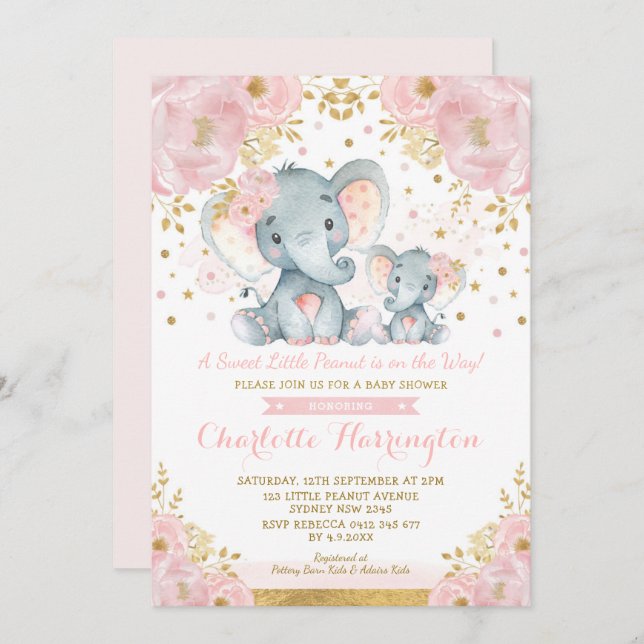 Cute Pink & Gold Elephant Girl Baby Shower Invitation (Front/Back)
