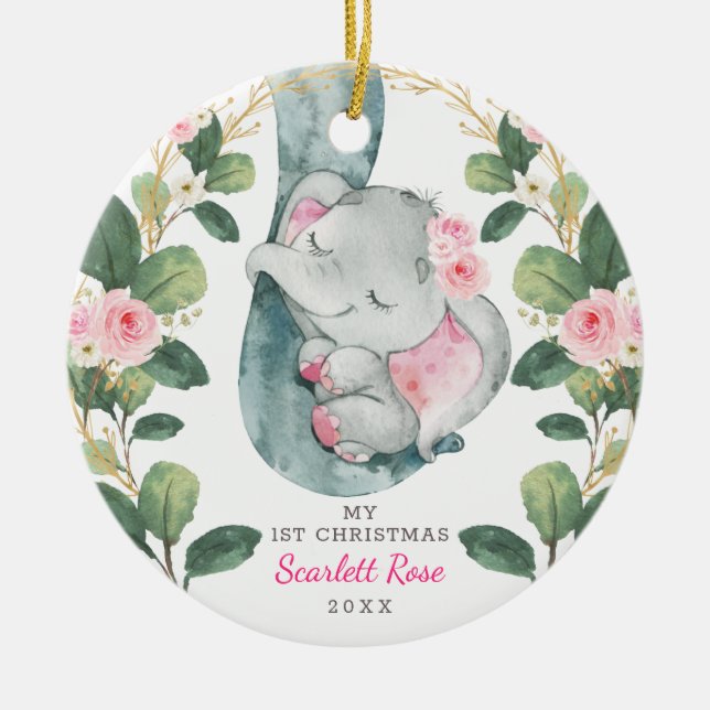 Cute Pink Gold Floral Baby Elephant Greenery Ceramic Ornament (Front)
