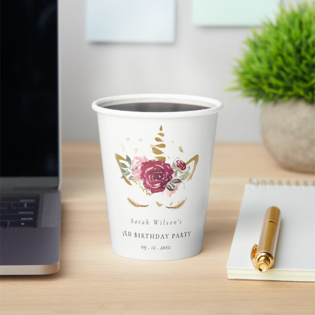 Cute Pink Gold Floral Unicorn Any Age Birthday Paper Cups (Insitu)