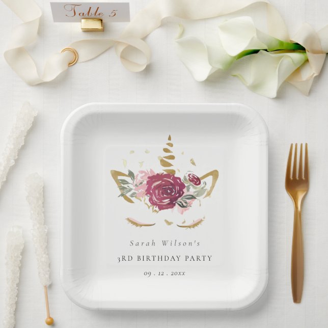 Cute Pink Gold Floral Unicorn Any Age Birthday Paper Plate (Wedding)