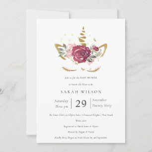 Cute Pink Gold Floral Unicorn Baby Shower Invite