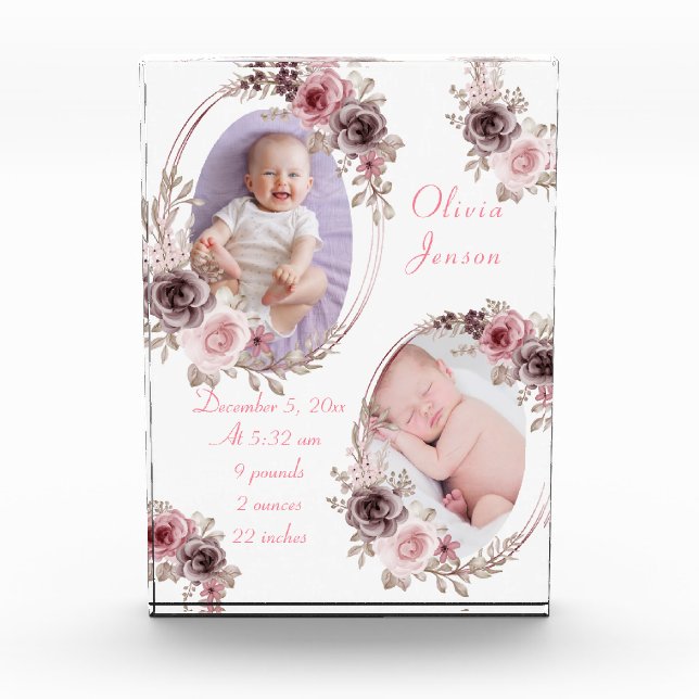 Cute Pink Gold Floral Watercolor Baby Girl Photo  (Front)