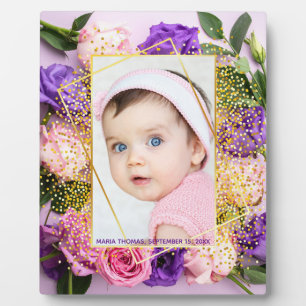 Cute Pink Gold Floral Watercolor Baby Girl Photo  Plaque